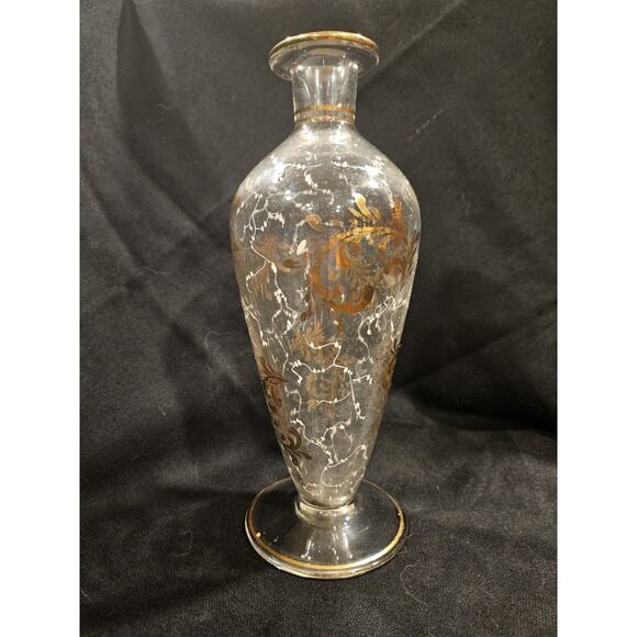 Antique Bohemian Clear Glass Enamel Beaker Gilded Decanter 8.5”H - No Stopper - Picture 1 of 6